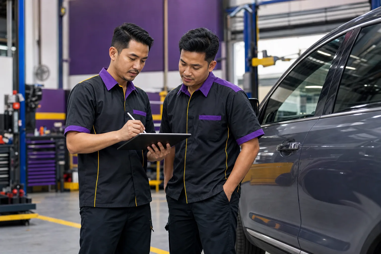 Platinum Service Center Kuantan mechanics discussing a vehicle inspection
