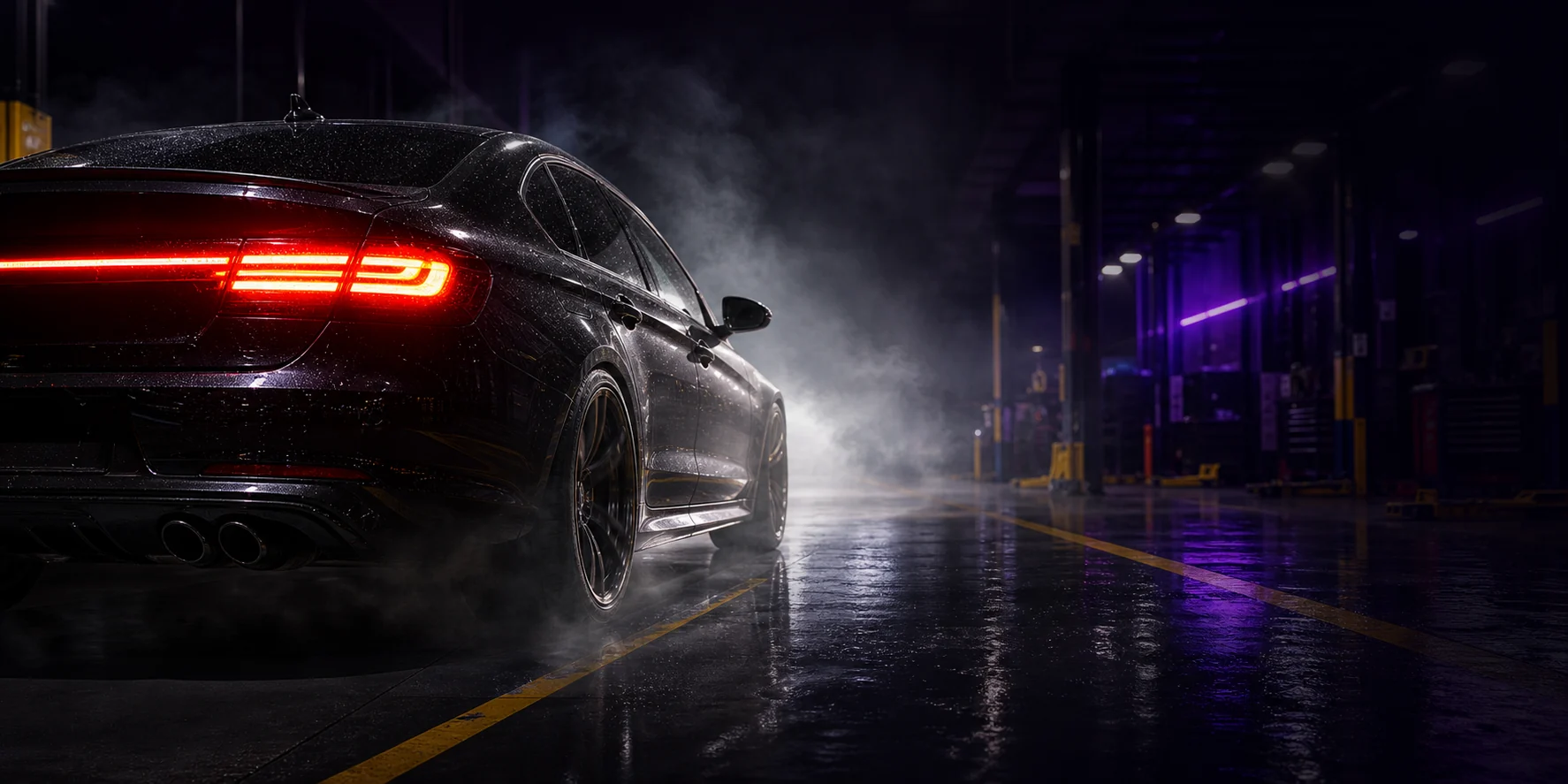 Black car in a dark pit lane workshop