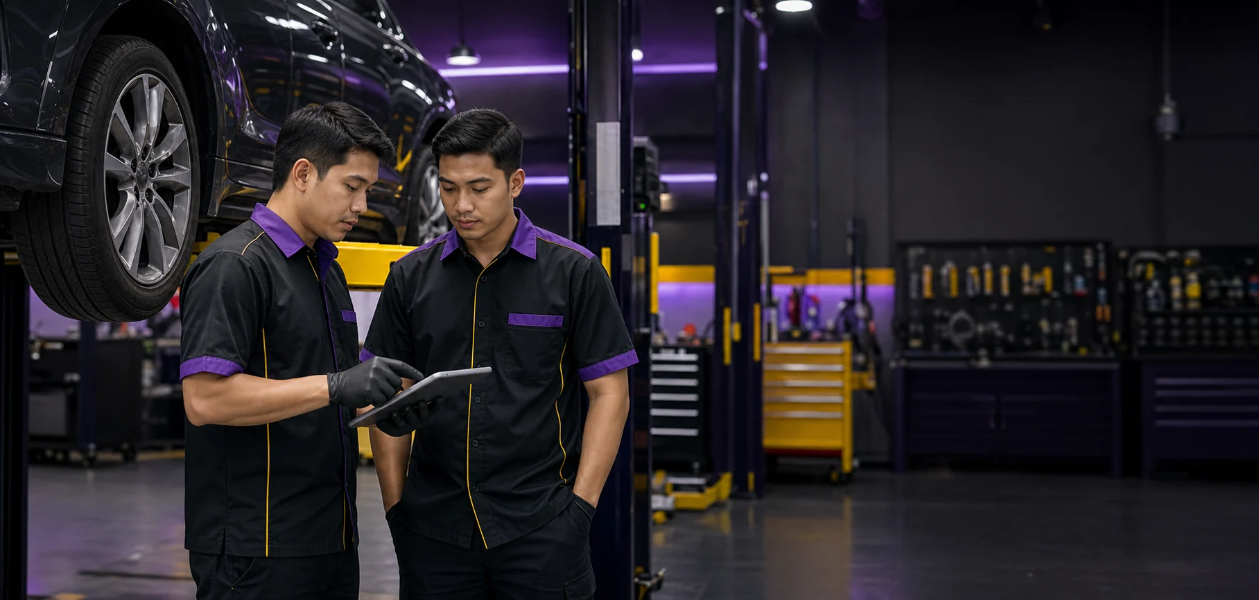 Platinum Service Center technicians reviewing inspection details