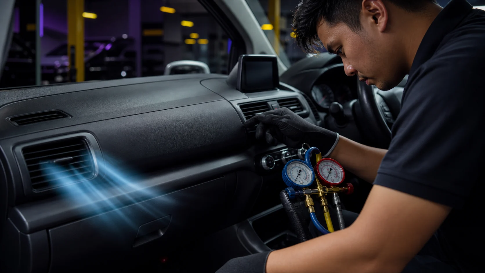 Technician inspecting car aircond airflow and gauges in a dark workshop