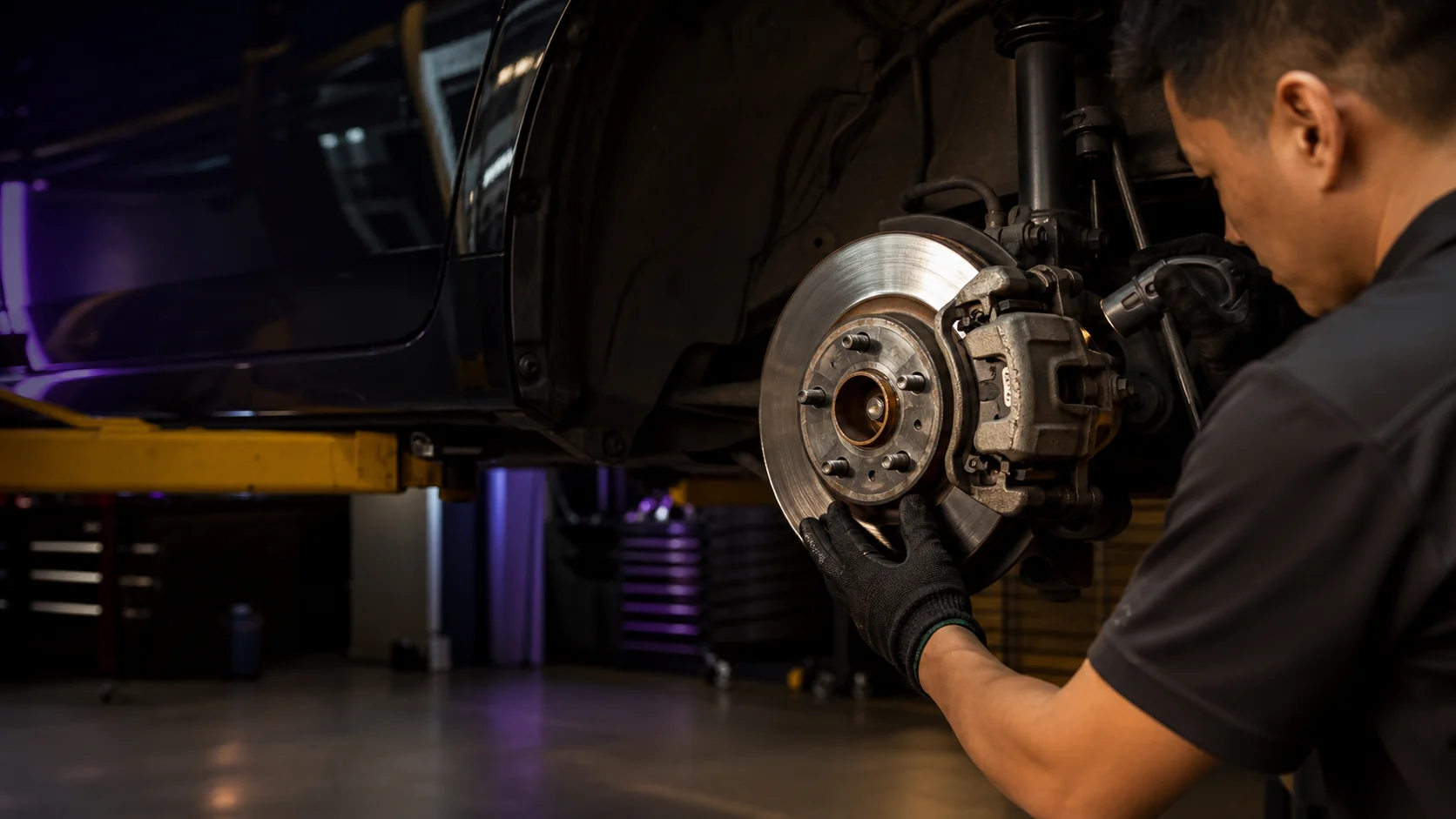 Technician inspecting a brake disc and caliper on a lifted car