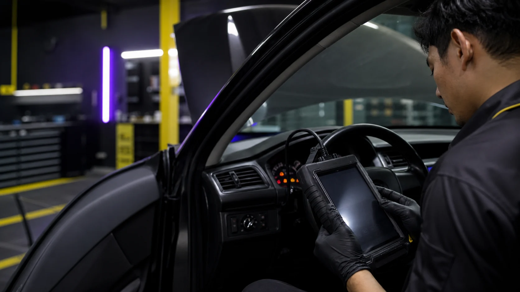 Technician using a diagnostic scanner inside a car in a Kuantan workshop