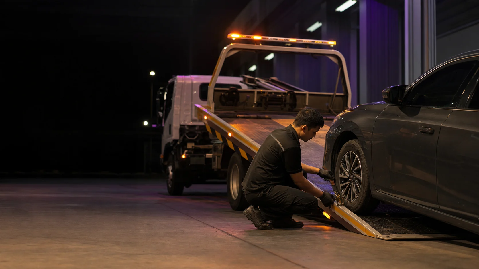 Tow truck loading a disabled car at night near a workshop